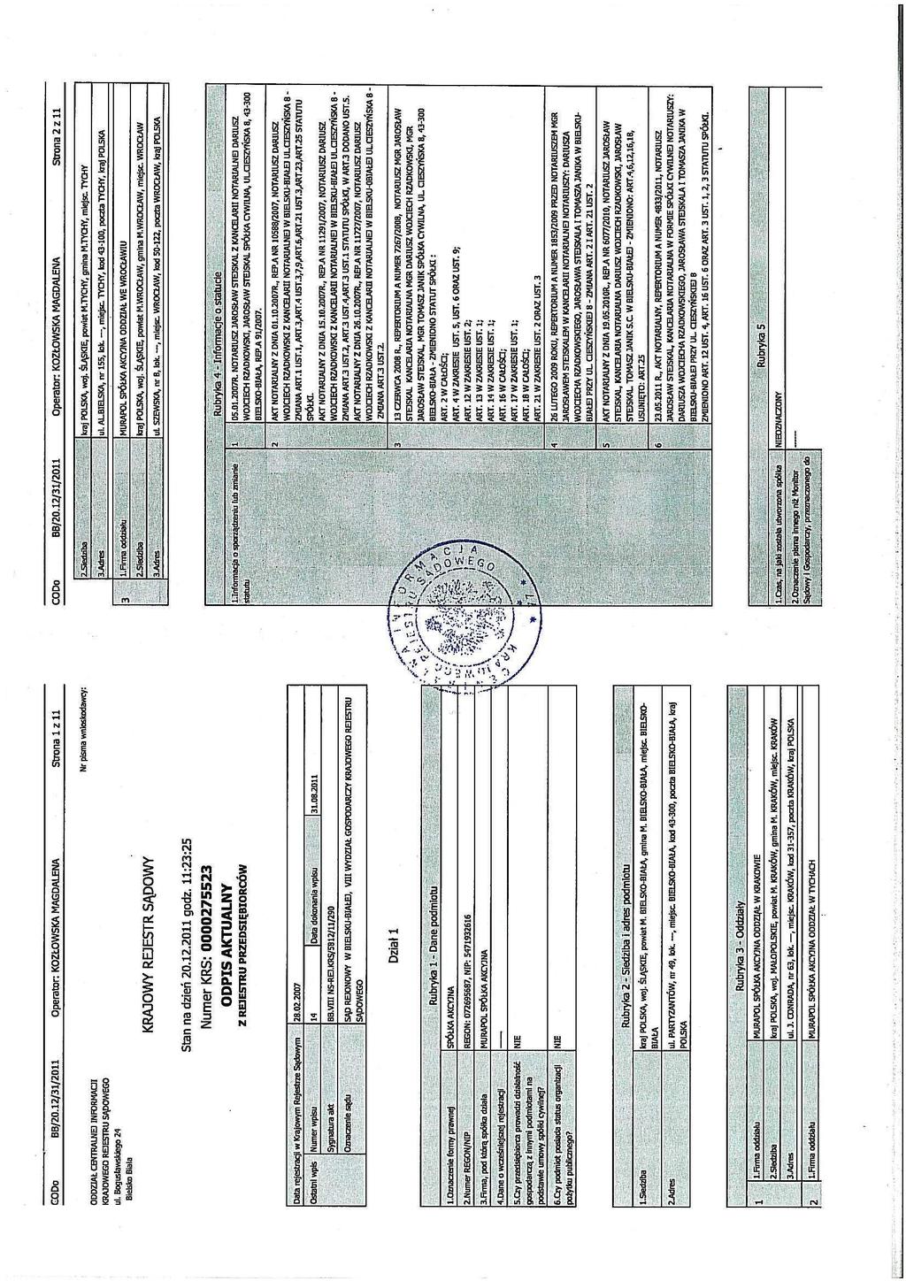 Załączniki ZAŁĄCZNIKI Aktualny odpis z Krajowego
