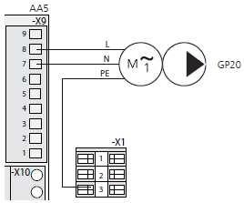 AA5-X9:6 (230 V, otwarty), AA5-X9:5 (N) i AA5-X9:4 (230 V, zamknięty). Czujnik temperatury zasilania podłączyć do AA5- X2:23-24.