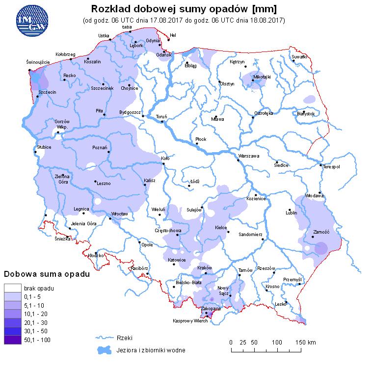 Ryc. 2. Rozkład dobowej sumy opadów OPIS SYTUACJI HYDROLOGICZNEJ z godz. 08:00 (cz. urzędowego) Dorzecze Wisły Stan wody w dorzeczu Wisły układa się głównie w strefie wody niskiej i średniej.