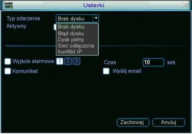STRUKTURA MENU I OPIS DOSTĘPNYCH FUNKCJI Wyjście alarm. Komunikat Wyślij email Nagr. Kanał Rys. 5-24. Menu Usterki. Tu definiujemy, czy po wystąpieniu zdarzenia ma być aktywne wyjście alarmowe.