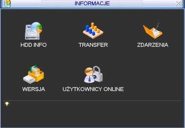 HDD INFO informacje o dyskach twardych, TRANSFER statystyka strumienia danych, ZDARZENIA pamięć wszystkich