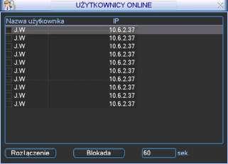 5 Użytkownicy online W wyniku kliknięcia na ikonę UŻYTKOWNICY ONLINE w menu INFORMACJE, zostaną wyświetlone informacje o użytkownikach aktualnie podłączonych przez sieć (rys. 5-46).