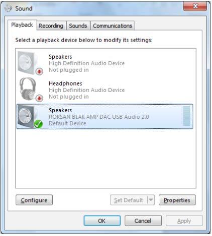 Wybierz Roksan blak Amp DAC USB Audio 2.0/1.0 (możesz też użyć prawego przycisku myszy i wybrać opcję Ustaw jako urządzenie domyślne ).