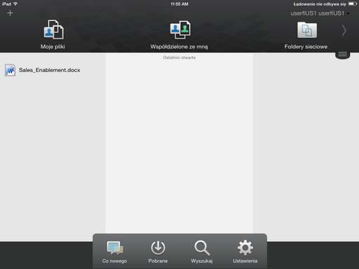 Interfejs na tablecie Poniżej przedstawiono interfejs aplikacji Filr na urządzeniu z systemem ios. Wygląd i sposób działania aplikacji różni się na urządzeniach z systemem Android lub Windows. 1.
