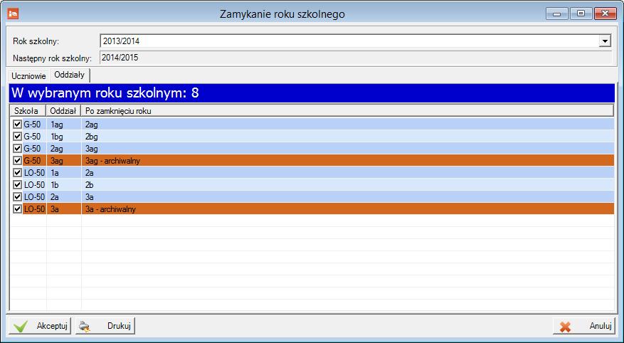 3. Na karcie Uczniowie za pomocą selektora znajdującego się nad listą wyświetlaj różne listy uczniów (promowanych, promowanych warunkowo, niepromowanych itp.