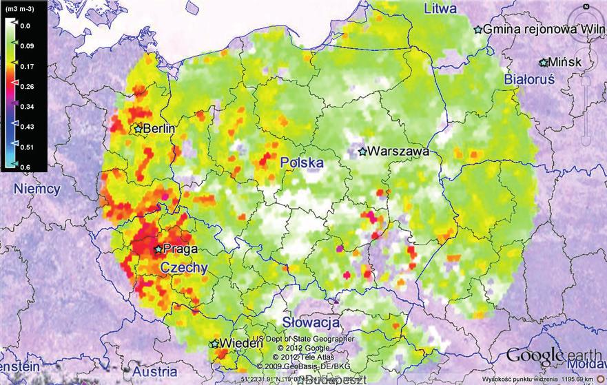 Wilgotność gleb 159 W tej pracy przedstawiono również rozkłady wilgotności przy powierzchniowej z czerwca 2011 roku (Ryc. 4) gdy postępowała susza, w lipcu po miejscowych intensywnych opadach (Ryc.