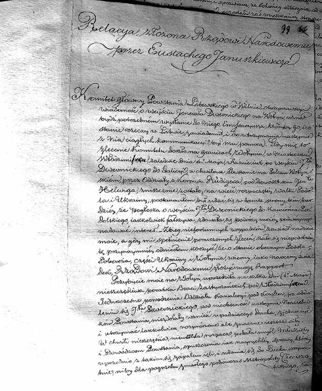 1830 1831 m. sukilėlių memuarinis palikimas E. januškevičiaus ataskaitos Lenkijos tautinei vyriausybei pirmasis lapas (AGAD, Władze Centralne Powstania Listopadowego 1830 1831 r., nr 279, k.