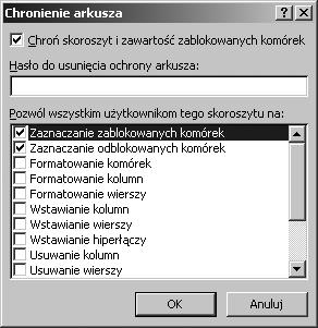 7.9. Ochrona danych Rysunek 7.68. Funkcje ochrony arkusza Zostanie otwarte okno dialogowe Chronienie arkusza, w którym można ustawić opcje ochrony arkusza (rysunek 7.69).