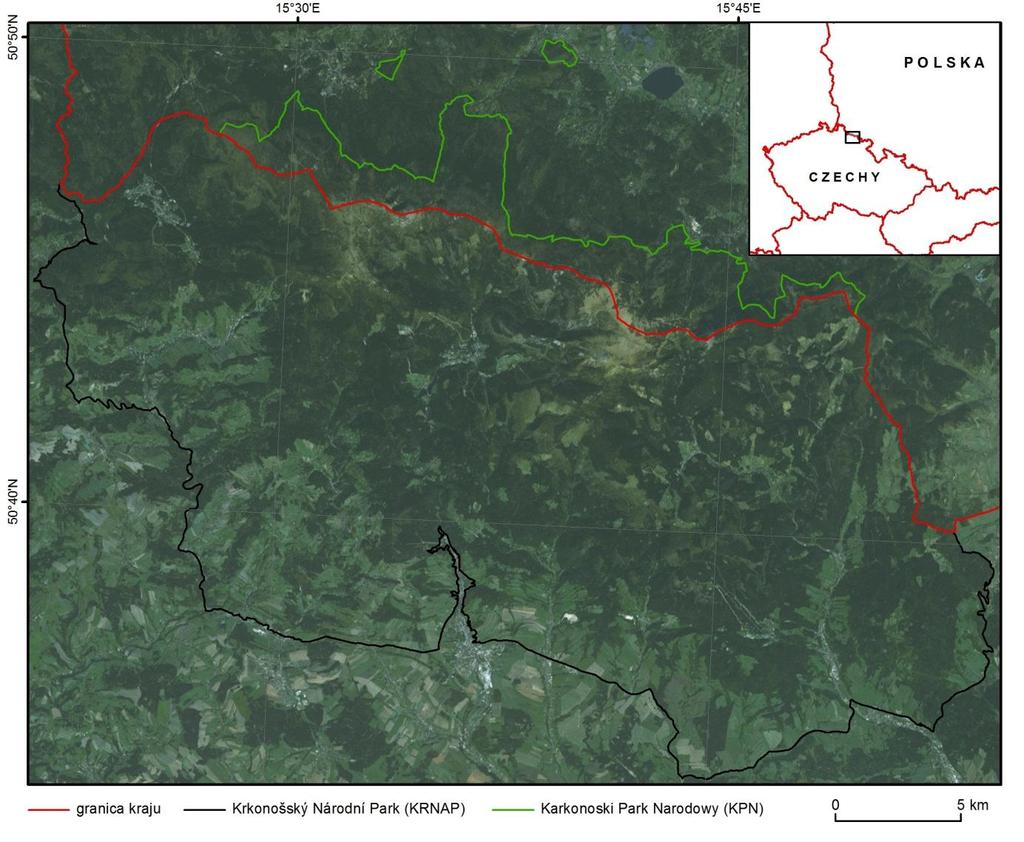 5. Obszar i obiekt badań Obszar badań obejmuje najwyższe partie polskich oraz czeskich Karkonoszy w granicach parków narodowych (ryc. 4).