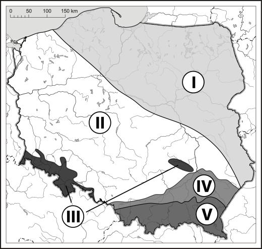 Zadanie 16. (0 5) Na obszarze Polski stykają się wielkie jednostki geologiczno-tektoniczne (regiony o podobnej budowie geologicznej) Europy. Ich zasięg zaznaczono na zamieszczonej mapie.