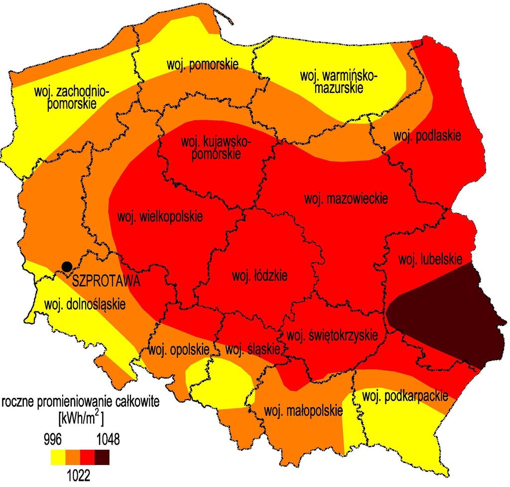 Na rysunku poniżej pokazano rozkład nasłonecznienia w Polsce. Gmina Szprotawa położona jest w rejonie, w którym nasłonecznienie jest umiarkowane.