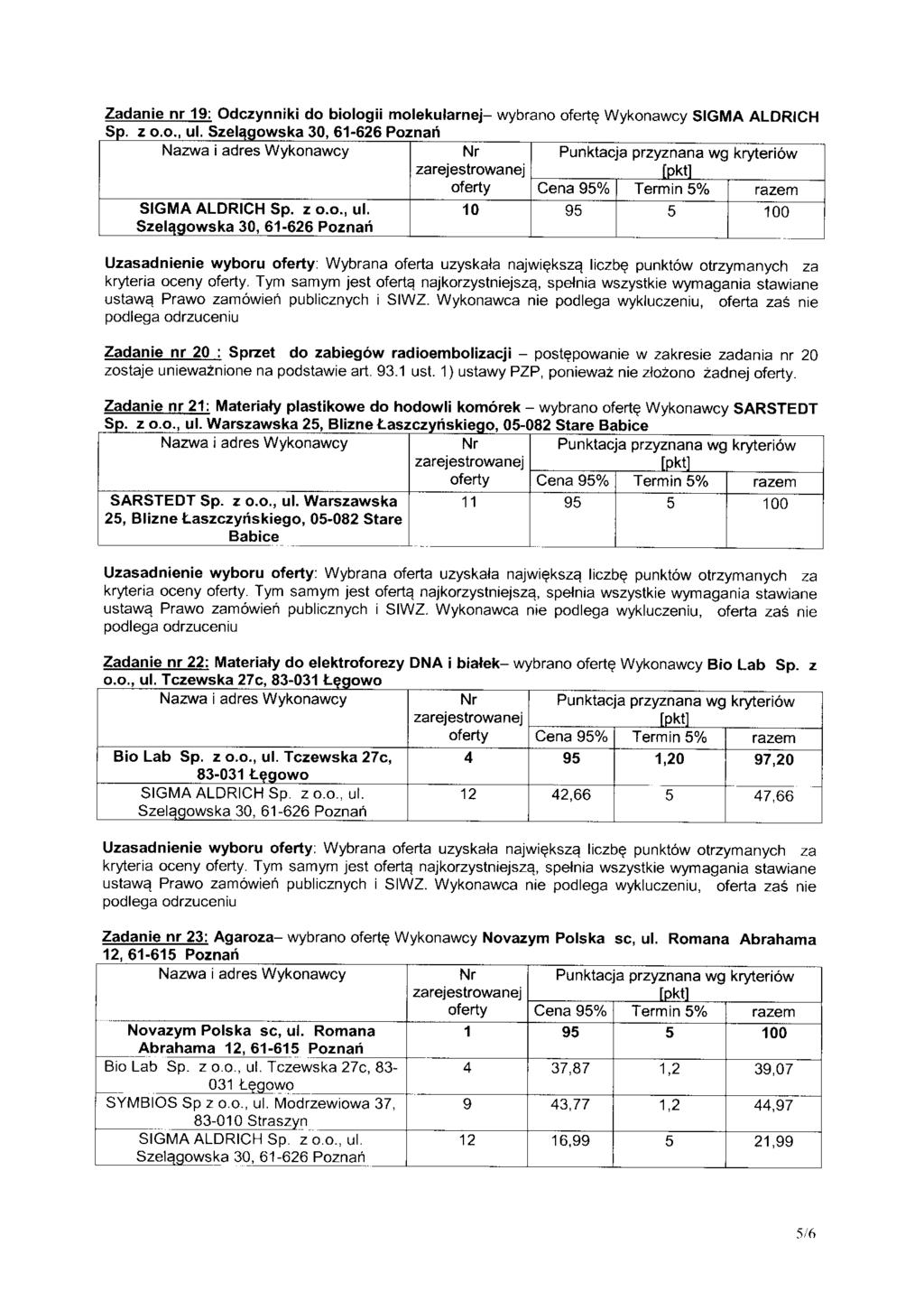 Zadanie nr 9: Odczynniki do biologii molekularnej- wybrano ofert Wykonawcy SIGMA ALDRICH Sp. z P.O., ul.