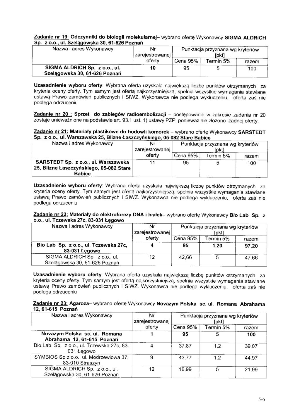 Zadanie nr 9: Odczynniki do biologii molekularnej- wybrano ofert Wykonawcy SIGMA ALDRICH Sp. z P.O., ul.