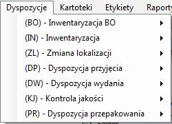 dyspozycjami takimi jak: Inwentaryzacja BO Inwentaryzacja IN Zmiana