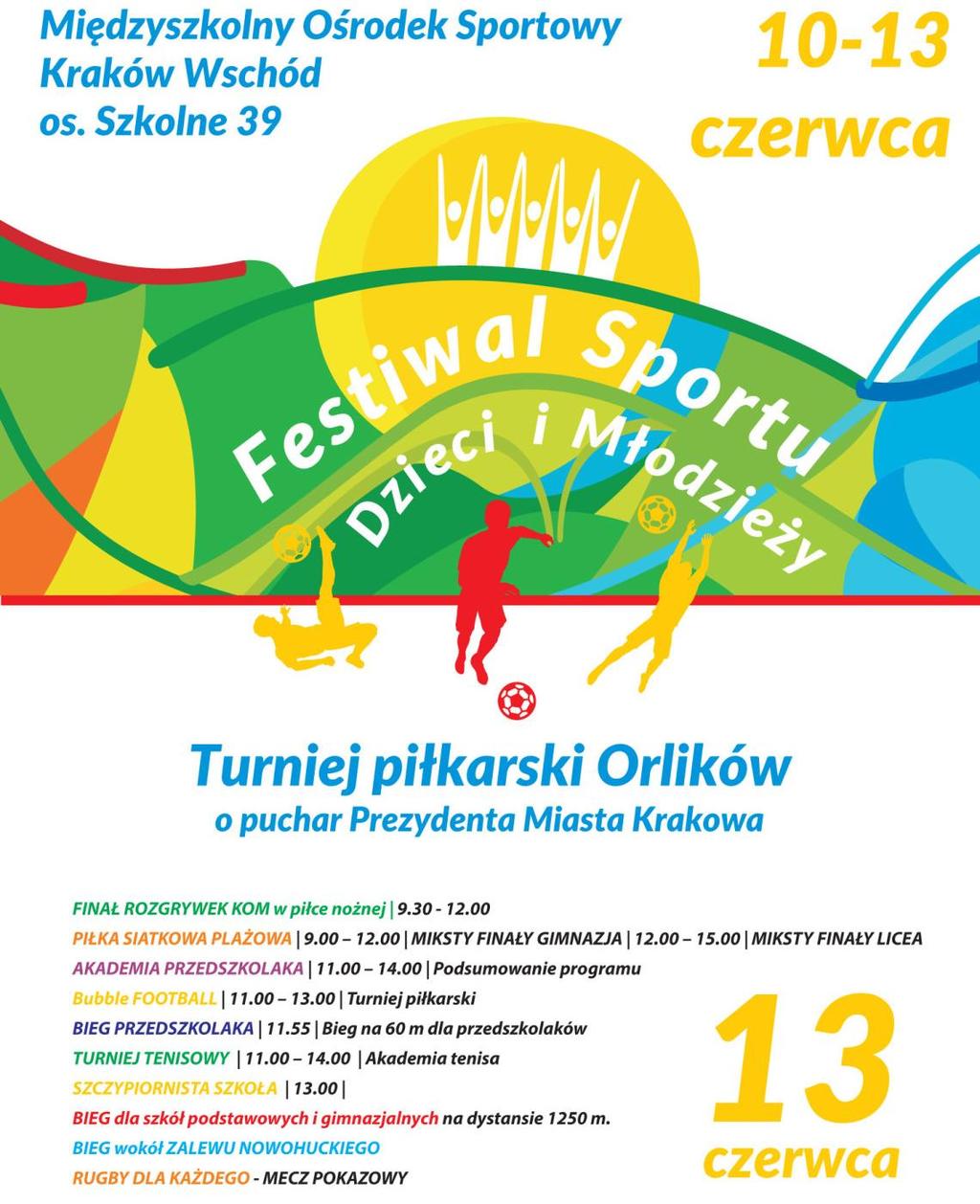ponadgimnazjalne (8 zespołów) 13 czerwca Piłka siatkowa plażowa miksty 9:00 12:00 FINAŁY gimnazja (6 zespołów) 12:00 15:00 FINAŁY licea (6 zespołów) Finał Krakowskiej Olimpiady Młodzieży w piłce