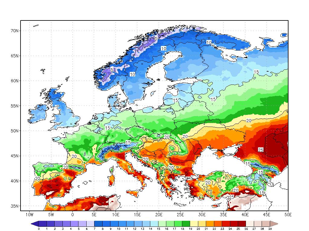 Ryc. 8. Rozkład średnich rocznych temperatur w Europie w czerwcu (wg P. Djakowa na podstawie danych z E-OBS; http://www.ecad.eu).