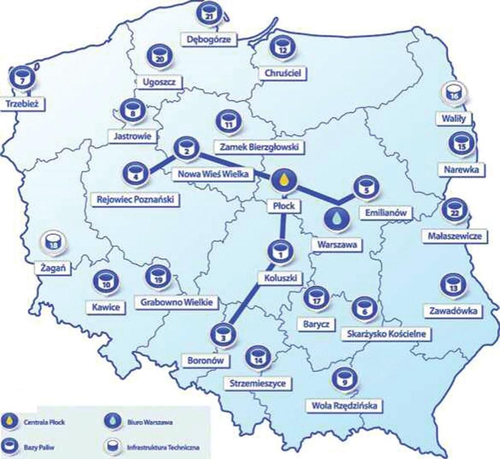 Szymon MITKOW, Daniel Adam STANKOWSKI Jednym z najistotniejszych elementów łańcucha naftowego w Polsce jest Operator Logistyczny Paliw Płynnych (OLPP) spółka, która jest właścicielem 22 baz paliw