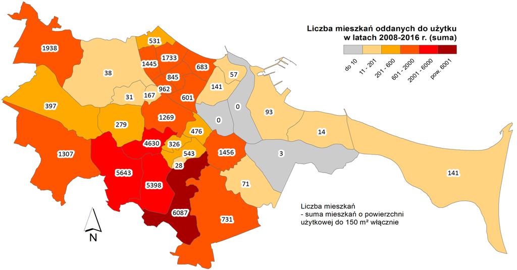 D z i e l n i c e MIESZKANIA ODDANE DO UŻYTKU l a t a 2 8-216 Lp. Dzielnica Liczba mieszkań oddanych do użytku w latach 28-216 1. Chełm 687 2. Jasień 5643 3. Ujeścisko-Łostowice 5398 4.