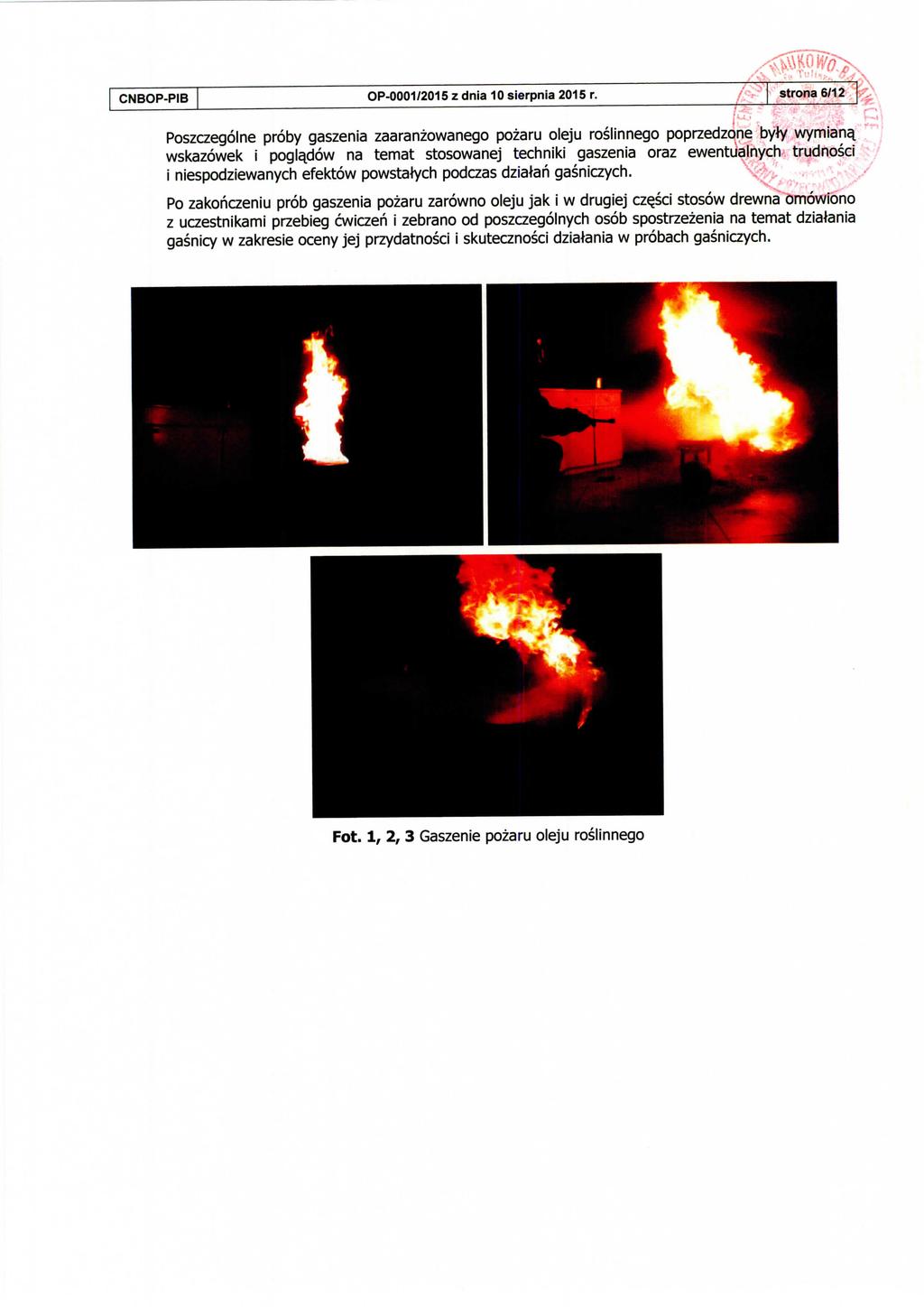 CNBOP-PIB OP-0001/2015 z dnia 10 sierpnia 2015 r. strona 6/12 Poszczegolne proby gaszenia zaaranzowanego pozaru oleju roslinnego poprzedzone byty wymiana.