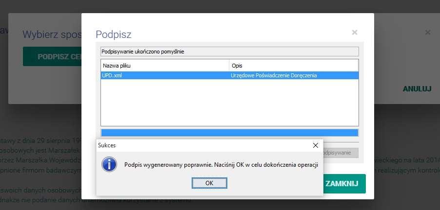 Rys. 18. Podpisanie UPD zakończone sukcesem. Rys. 19. Po podpisaniu UPD dostępne będą szczegóły zadania. Po podpisaniu UPD, pod przyciskiem szczegóły dostępne są informacje dotyczące zadania.