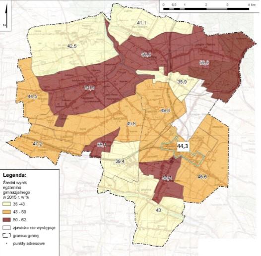 Rysunek 38. Średni wynik egzaminu gimnazjalnego w sołectwach gminy Charsznica oraz na obszarze rewitalizacji w 2015 r. [%] Źródło: opracowanie własne. wojewódzkiej).