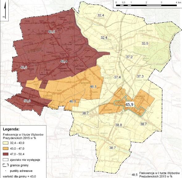 Wykres 10. Frekwencja wyborcza w wyborach prezydenckich (lewa strona) i parlamentarnych (prawa strona) w gminie Charsznica w latach 2010-2015.