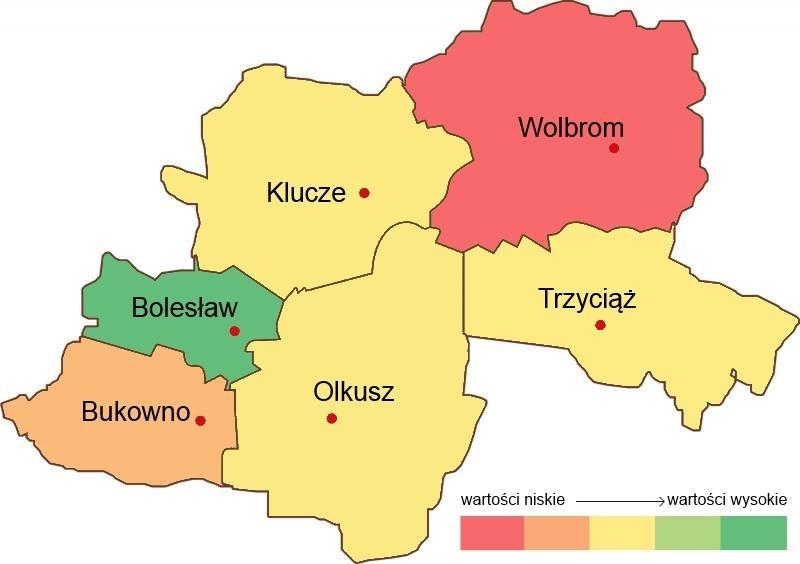 Rysunek 3. Rozmieszczenie przestrzenne wskaźnika sumarycznego usług publicznych w zakresie edukacji w szkołach podstawowych w gminach powiatu olkuskiego.