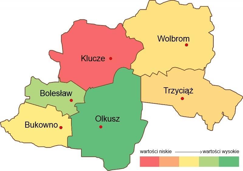 Rysunek 4. Rozmieszczenie przestrzenne wskaźnika sumarycznego usług publicznych w zakresie edukacji w szkołach gimnazjalnych w gminach powiatu olkuskiego.