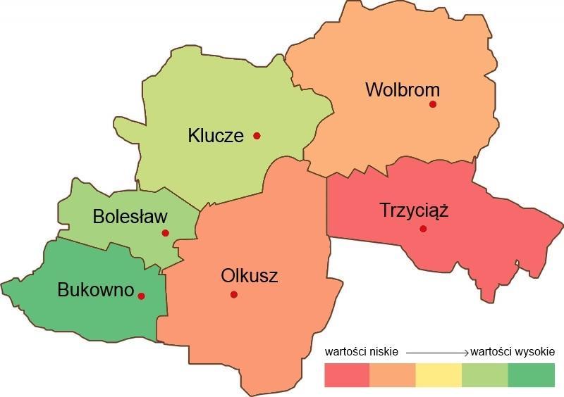 Rysunek 5. Rozmieszczenie przestrzenne wskaźnika sumarycznego usług publicznych w zakresie edukacji w przedszkolach w gminach powiatu olkuskiego.