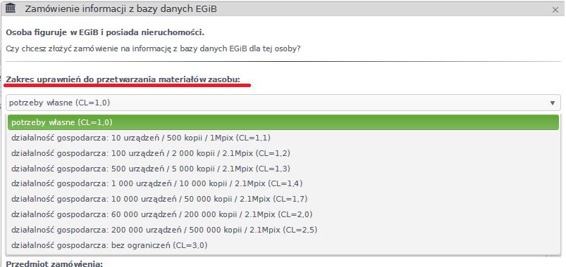 W celu złożenia zamówienia należy wypełnić formatkę wpisując dane lub wybierając je z list: W oknie Zakres uprawnień do przetwarzania materiałów