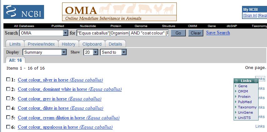 OMIA - ONLINE MENDELIAN INHERITANCE IN ANIMALS WYSZUKIWANIE SPECYFICZNE SŁOWA KLUCZOWE I