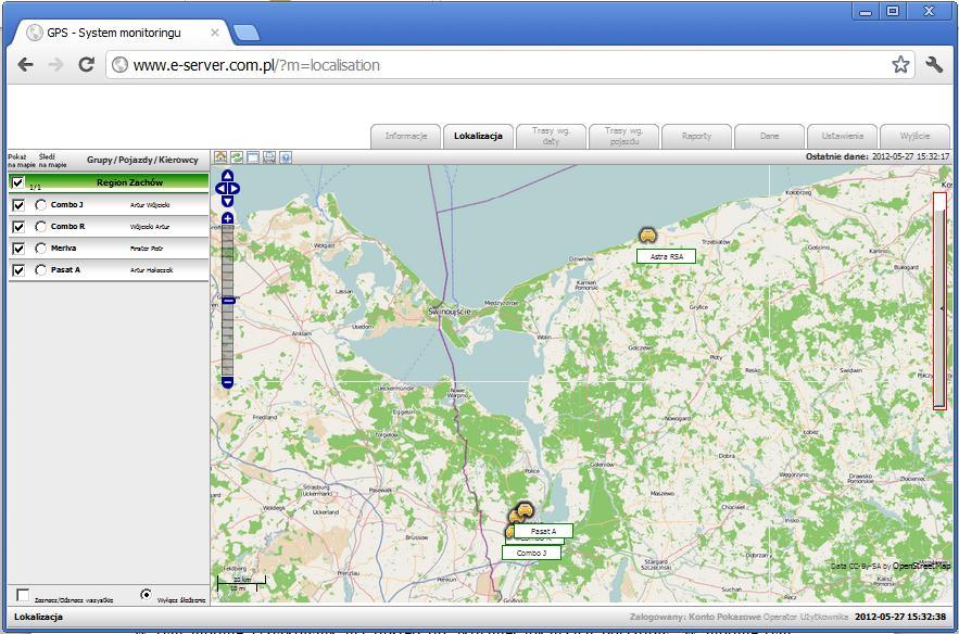 2. Moduł lokalizacja Moduł prezentuje poniższy obraz W tym module Użytkownik ma dostęp do aktualnej lokalizacji pojazdów oraz do poniższych funkcji związanych z lokalizacją i mapą: a) lista