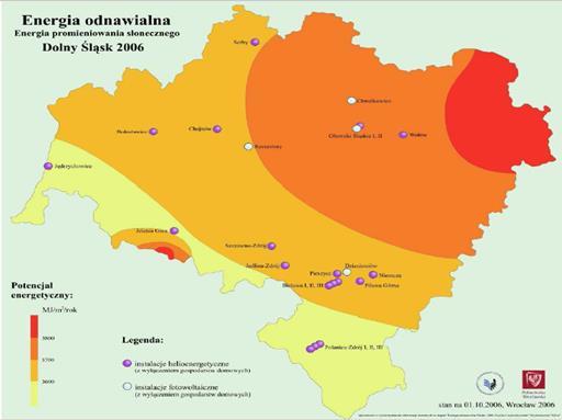 Rysunek 14. Średnioroczne sumy napromieniowania słonecznego dla województwa dolnośląskiego Źródło: Potencjał Dolnego Śląska w zakresie rozwoju odnawialnych źródeł energii.