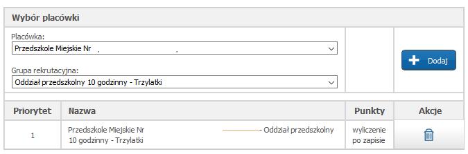 8 Krok 5: Lista preferencji Proszę utworzyć listę placówek, do których chcielibyście Państwo zapisać dziecko układając listę wybranych placówek w porządku od najbardziej do najmniej preferowanych.