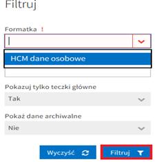 Po lewej stronie ekranu w zakładce FORMATKA należy wybrać podświetloną opcję HCM dane osobowe, a następnie FILTRUJ (rys. 1).