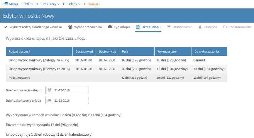 Rys. 5 wpisać uzasadnienie (nieobowiązkowe) wybrać zastępcę na czas nieobecności (nieobowiązkowe).