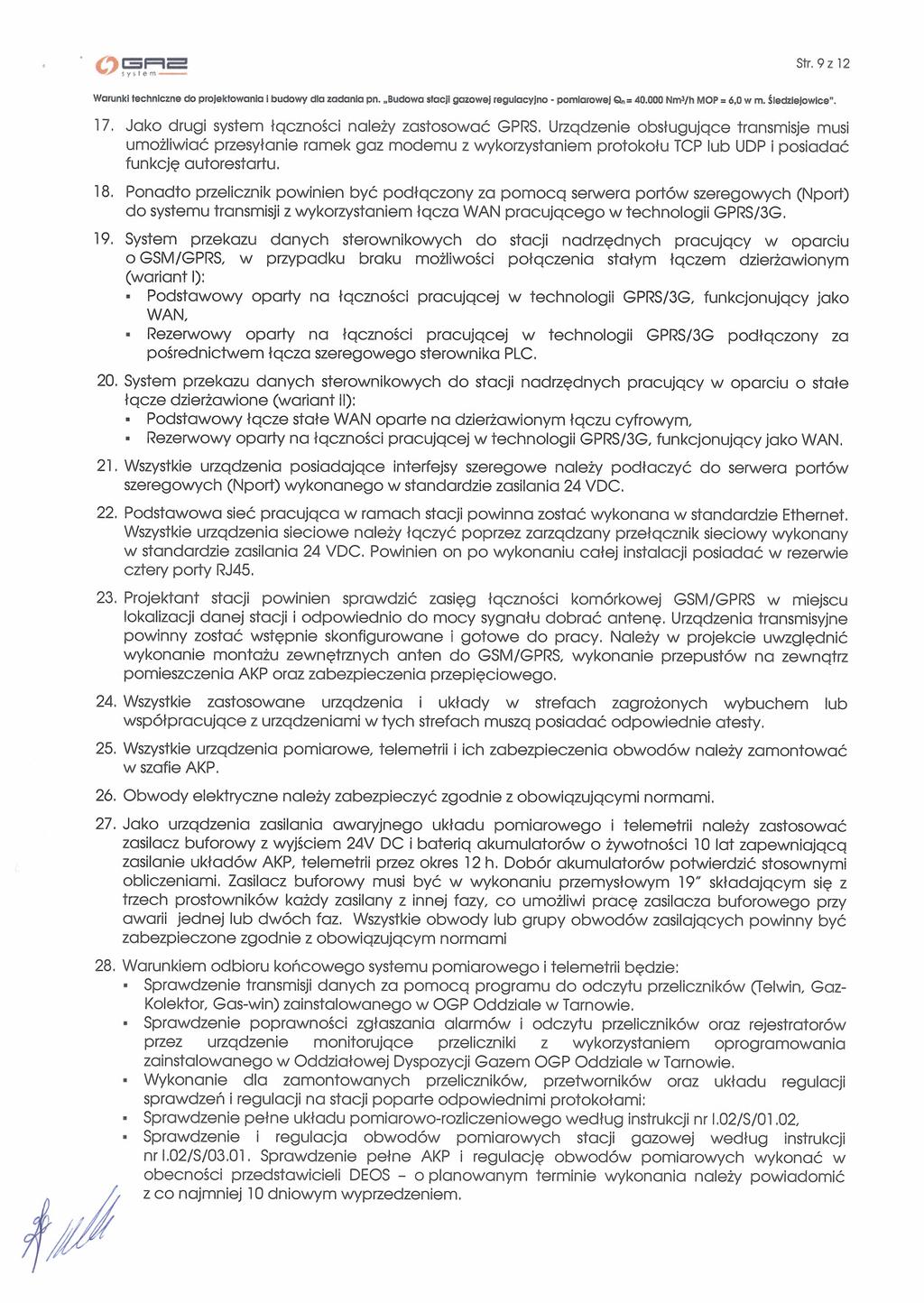 Slr.9z12 J Warunk technczne do projekiowono bcdowy dla zadana pp. Budowo sfac gazowej rogulocyno - pomarowej Q. 40.000 NrnYh MCP= 40 Wrn. ś[d4.jowce 11.
