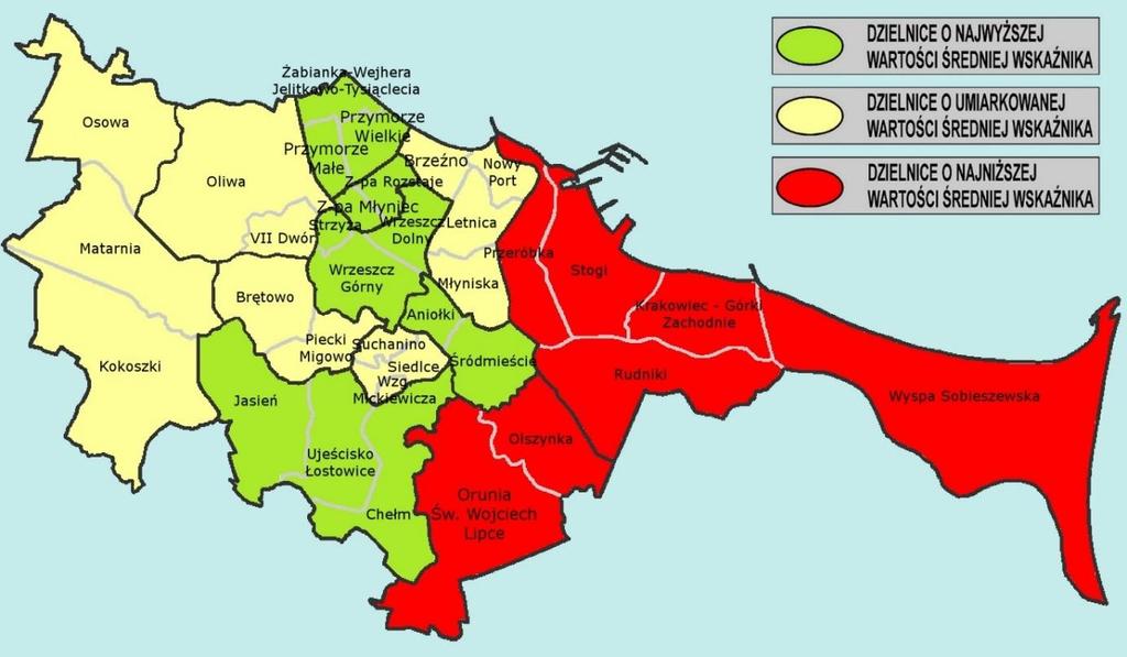 Rys. 25. Ogólny wskaźnik jakości życia w Gdańsku 1 O ile Olszynka, Orunia, Św.