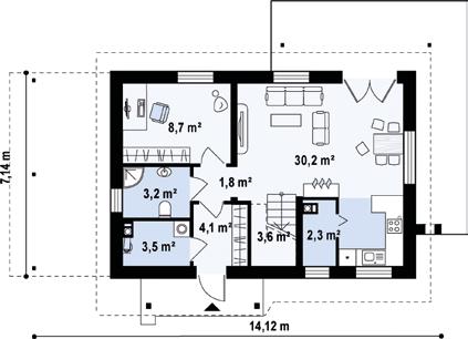 PARTER: 57,3 / 57,5 m² PODDASZE: 37,4 / 54,1 m² Sień 4,1 m² Hol 3,0 m² Hol 1,8 m²