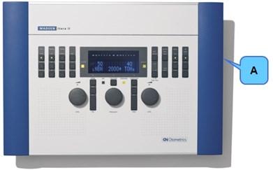 6 Podłączanie audiometru MADSEN Itera II do oprogramowania OTOsuite Włączanie i wyłączanie audiometru MADSEN Itera II A. Włącznik/wyłącznik znajduje się po prawej stronie audiometru MADSEN Itera II.