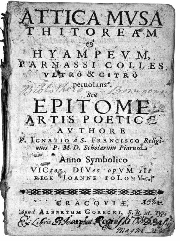 1 pav. Ignaco Krzyżkiewicziaus veikalo Attica Musa (1674) antraštinis lapas pvz., labirintą, bet orientuojasi į dar menkai teoriškai aptartus darinius.