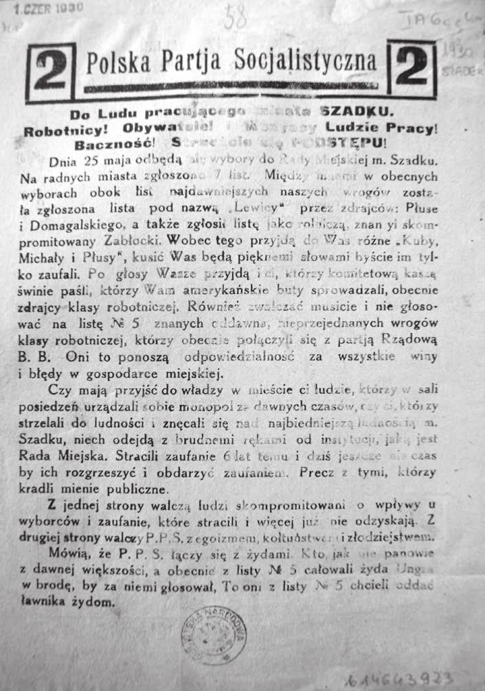 404 Szadek na starej fotografii Fot. 1. Ulotka Komitetu Wyborczego Polskiej Partii Socjalistycznej w Szadku, s. 1, 1930.