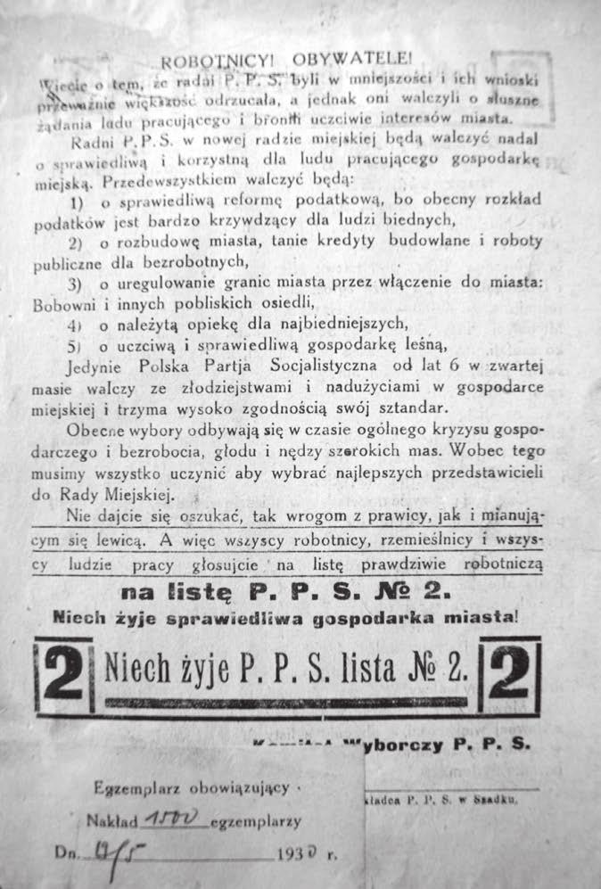 Szadek z okresu dwudziestolecia międzywojennego na afiszach i ulotkach 405 Fot. 2. Ulotka Komitetu Wyborczego Polskiej Partii Socjalistycznej w Szadku, s. 2, 1930.