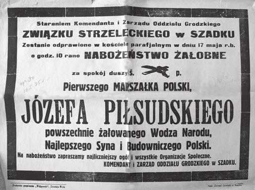 Szadek z okresu dwudziestolecia międzywojennego na afiszach i ulotkach 407 Fot. 4. Afisz Miejskiego Komitetu Obywatelskiego miasta Szadku informujący o uroczystym nabożeństwie żałobnym za duszę śp.