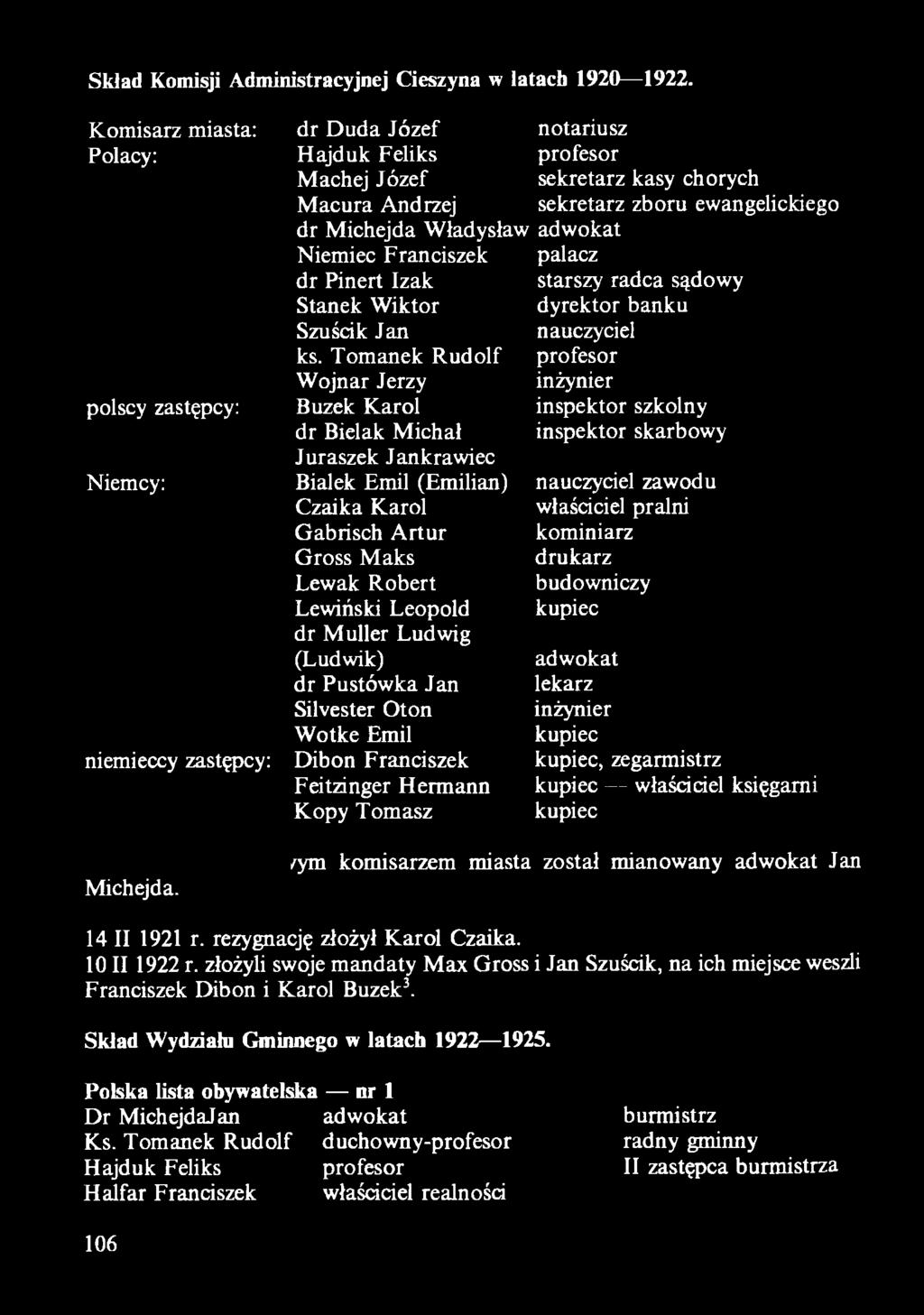 pralni Gabrisch A rtur kominiarz Gross M aks drukarz Lewak Robert budowniczy Lewiński Leopold dr Muller Ludwig (Ludwik) adwokat dr Pustówka Jan lekarz Silvester Oton inżynier W otke Emil Dibon