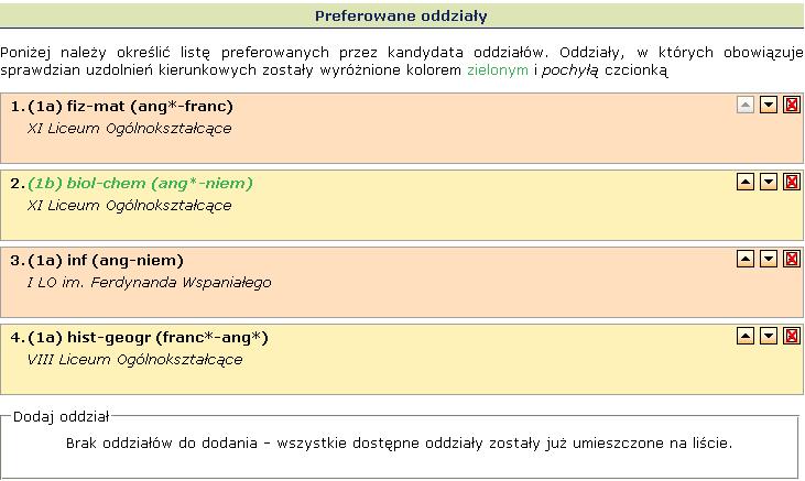 Etapy prac Preferowane oddziały Modyfikacja preferowanych oddziałów obejmuje trzy opcje: przesuwanie preferencji na liście jeżeli kolejność oddziałów na liście preferencji jest nieprawidłowa, należy