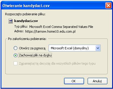 Etapy prac Aby zapisać listę przyjętych do pliku csv, należy wybrać opcję Lista do pliku (csv). Jest ona dostępna ponad legendą opisującą znaczenie kolorów na liście przyjętych.
