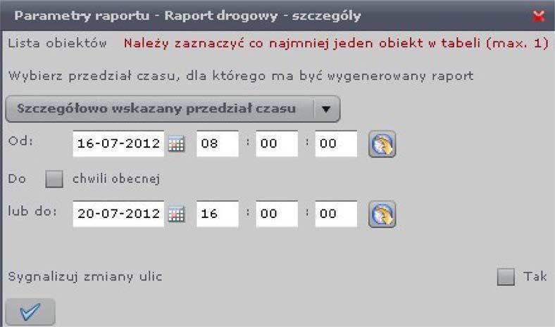 1.11 Generowanie raportów. 1.11.1 Raporty dla pojazdów. Na pasku menu okna Obiekty, znajduje się przycisk Raporty. Kliknięcie w przycisk spowoduje otwarcie okna Raporty.