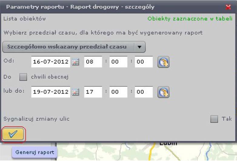 pojazdy, wybraliśmy przedział czasu dla którego chcemy wygenerować raport,