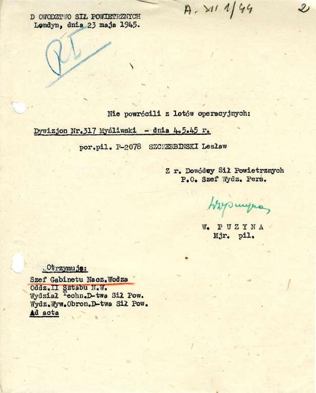 D WODZT 'O SIL POW=NYCH Lyndyn o dnia 23 maja 1945. Nie powrócili z lotów operacyjnych: Dywizjon Nr.317 Myśliwski - dnia 4. 05.45 r0 por.pii. P-2078 SZ=MNSKI Lesław Z r.